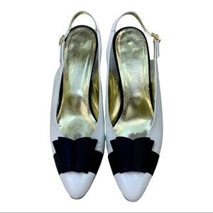 Saks Fifth Avenue Fenton Last Slingback White Leather Black Bow 8 Vintage